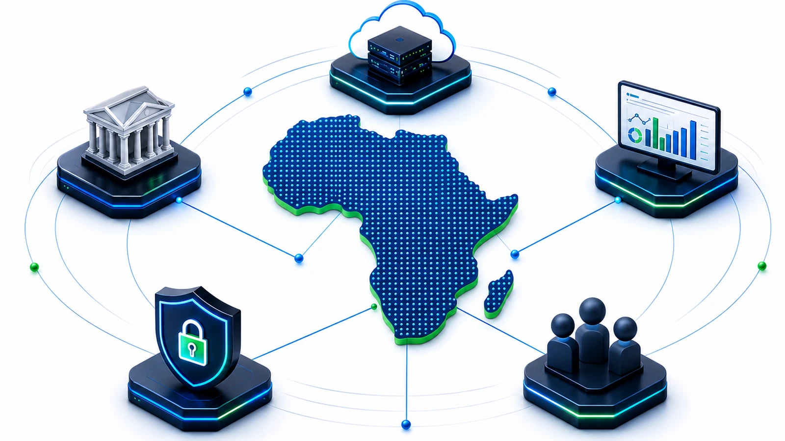 Connected African digital ecosystem linking public services, cloud, data, secure platforms and institutions
