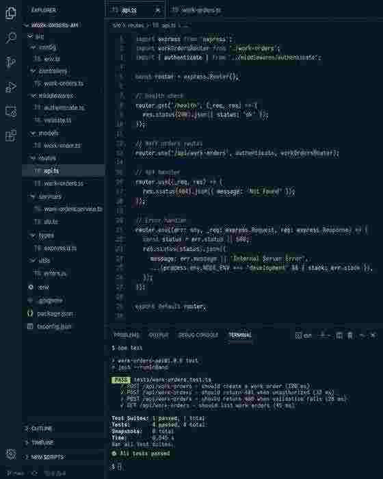 TypeScript work orders API code and passing tests