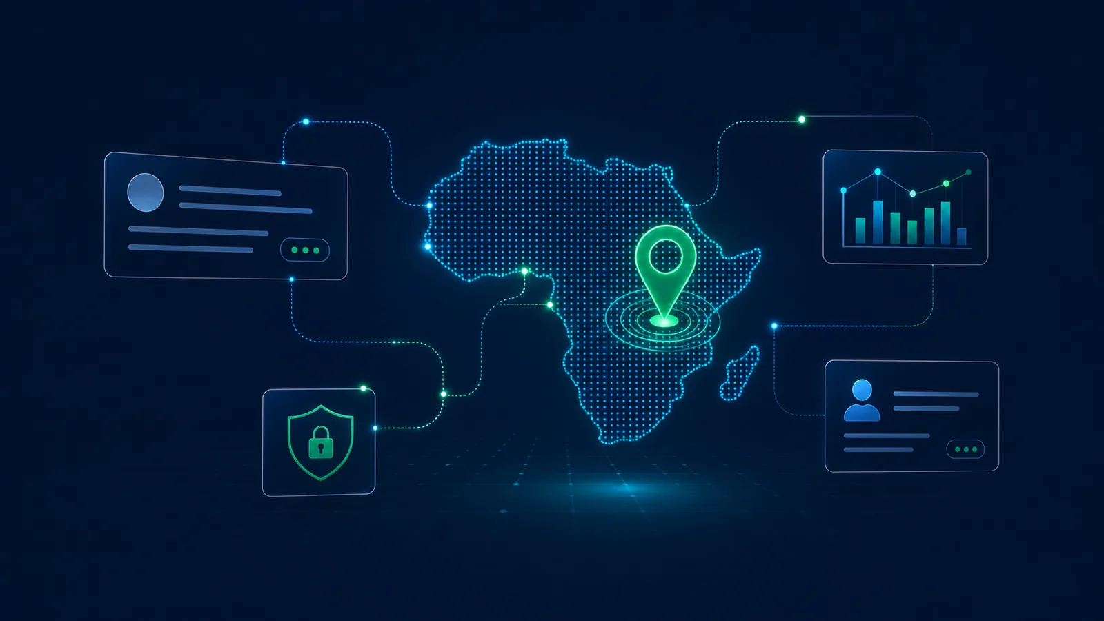 Connected digital Africa with a location pin and secure technology services