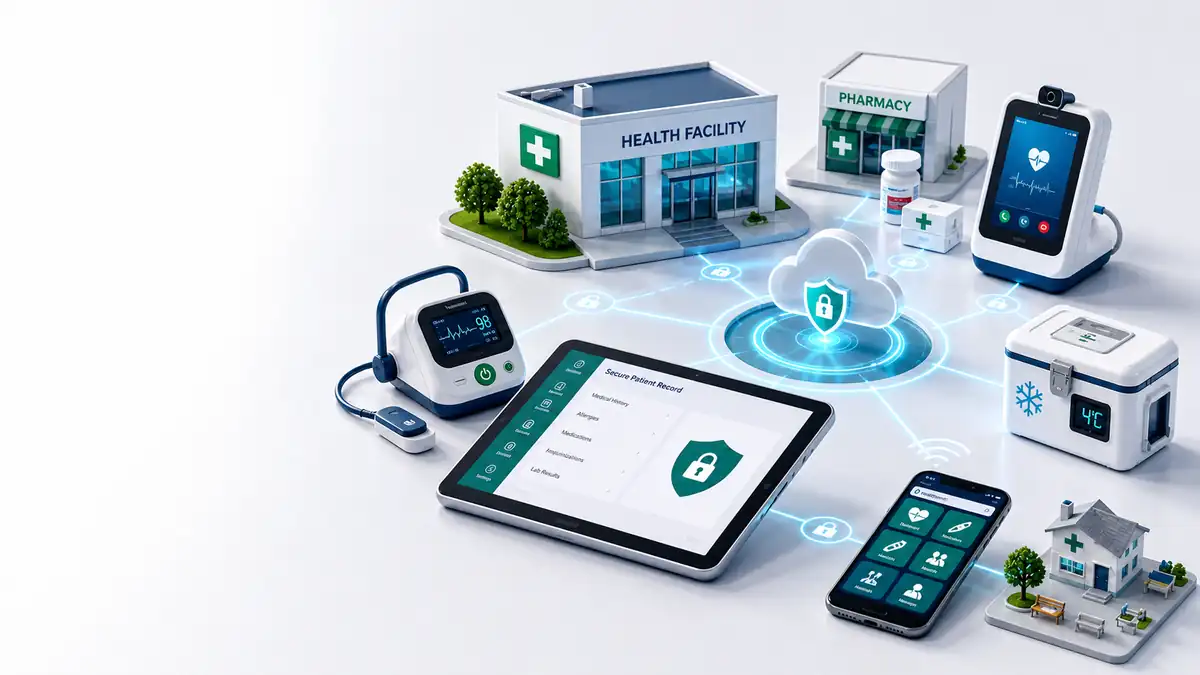 Digital Health ecosystem connecting health facilities, diagnostics, patient records and community services