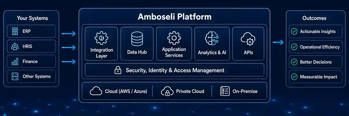 Amboseli product architecture connecting organizational systems to integration, data, applications, analytics and APIs